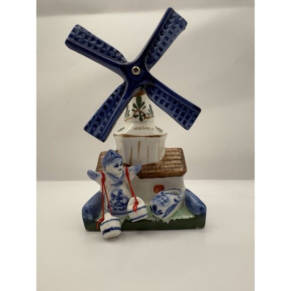 Delft Blue Handpainted Holland Souvenir Ceramic Windmill With Girl Shoe 5” - Picture 1 of 8